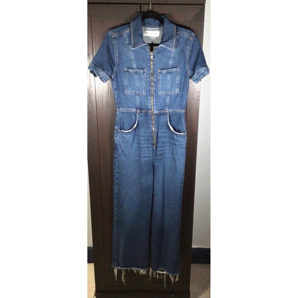 Reformation Blue Denim Zip Front Short Sleeve Wide Leg Jumpsuit Size 4